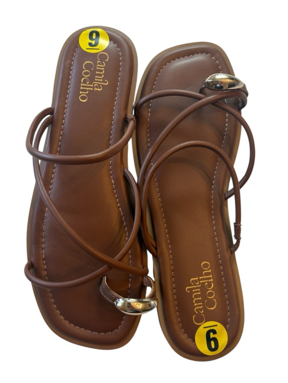 Camila Coelho Venue Strappy Flat Sandals Size 9 Gold Toe Ring Leather